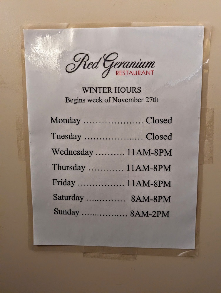 New Harmony Inn Resort & Conference Center - Winter hours of Red Geranium restaurant