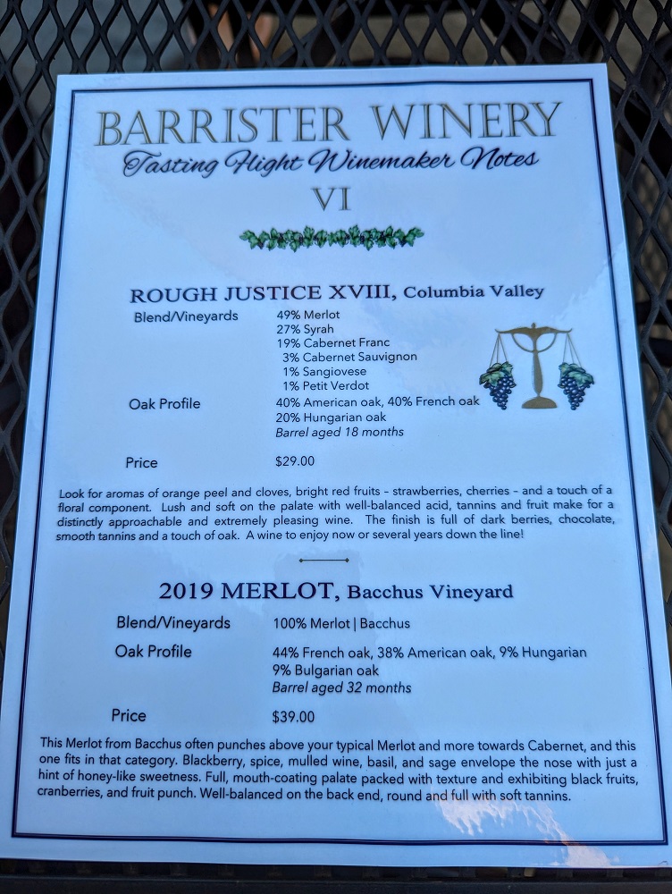 Barrister Winery tasting menu 1