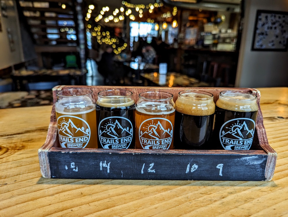 Beer flight at Trails End Brewery in Coeur d'Alene, ID