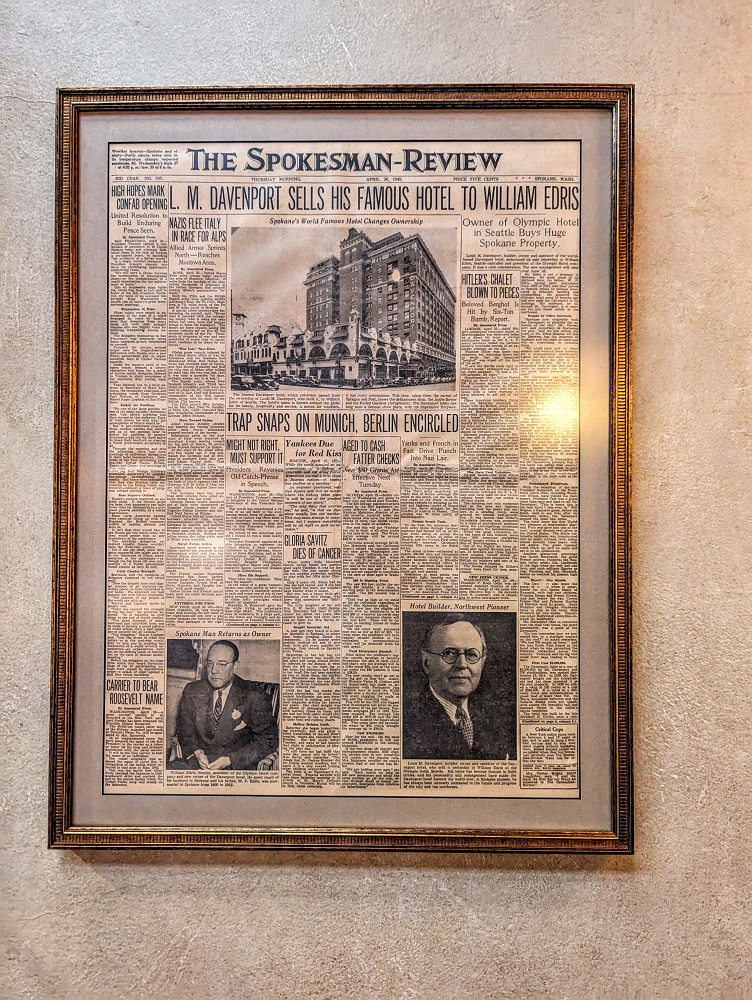 The Historic Davenport in Spokane, WA - Newspaper clipping in museum area