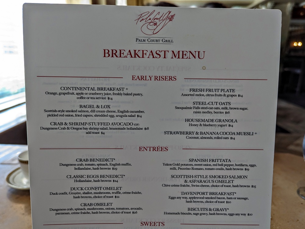 The Historic Davenport in Spokane, WA - Palm Court Grill breakfast menu 1