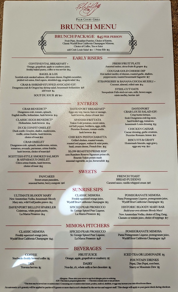 The Historic Davenport in Spokane, WA - Palm Court Grill brunch menu