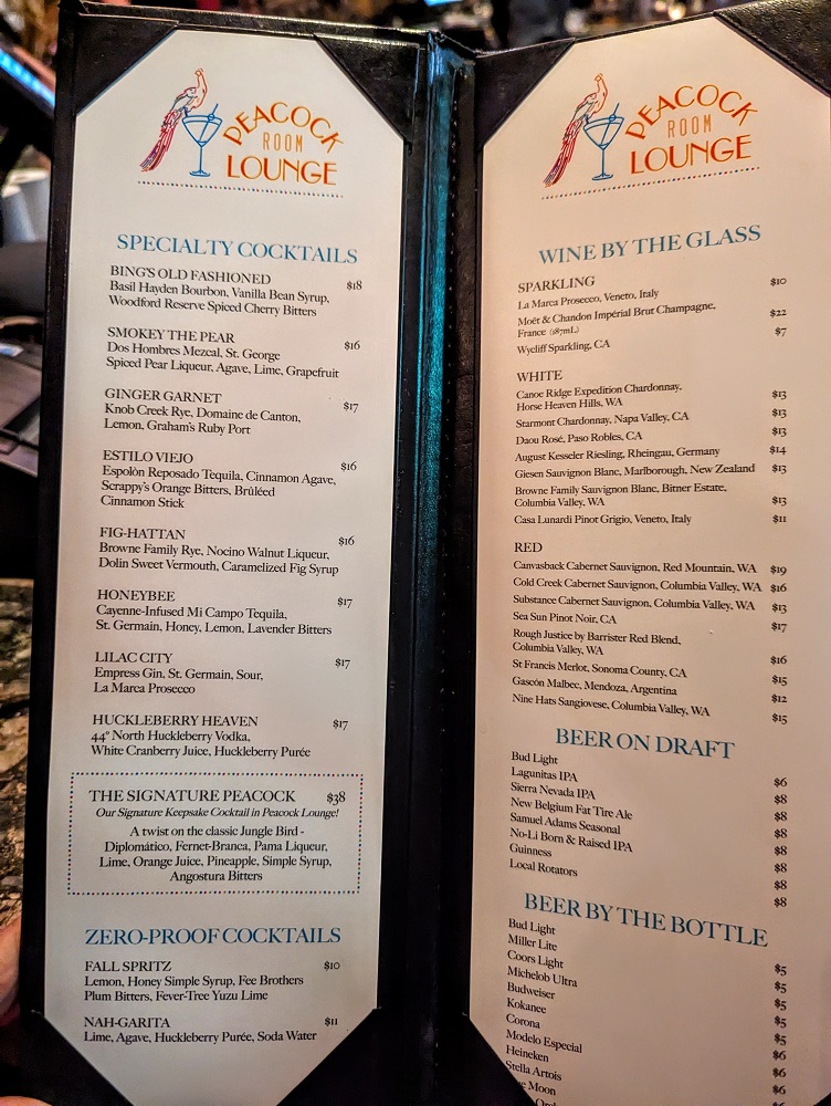The Historic Davenport in Spokane, WA - Peacock room lounge drinks menu 1