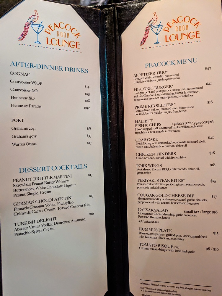 The Historic Davenport in Spokane, WA - Peacock room lounge drinks menu 2