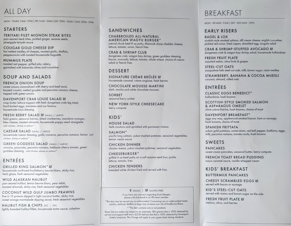 The Historic Davenport in Spokane, WA - Room service menu