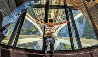 Face down on the Space Needle's glass floor