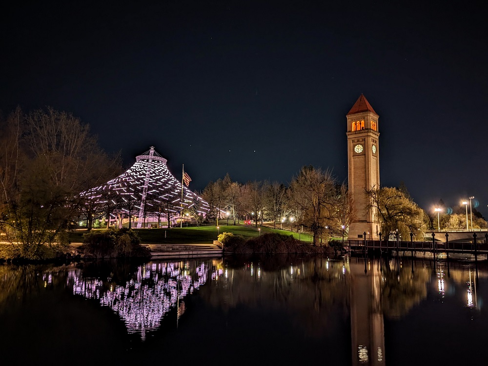 Spokane Pavilion & The Great Northern Clocktower at night