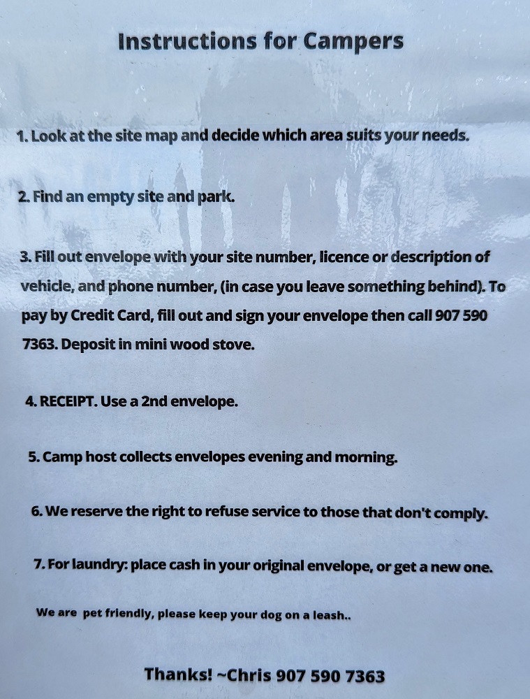 Alaskan Stoves Campground check-in instructions