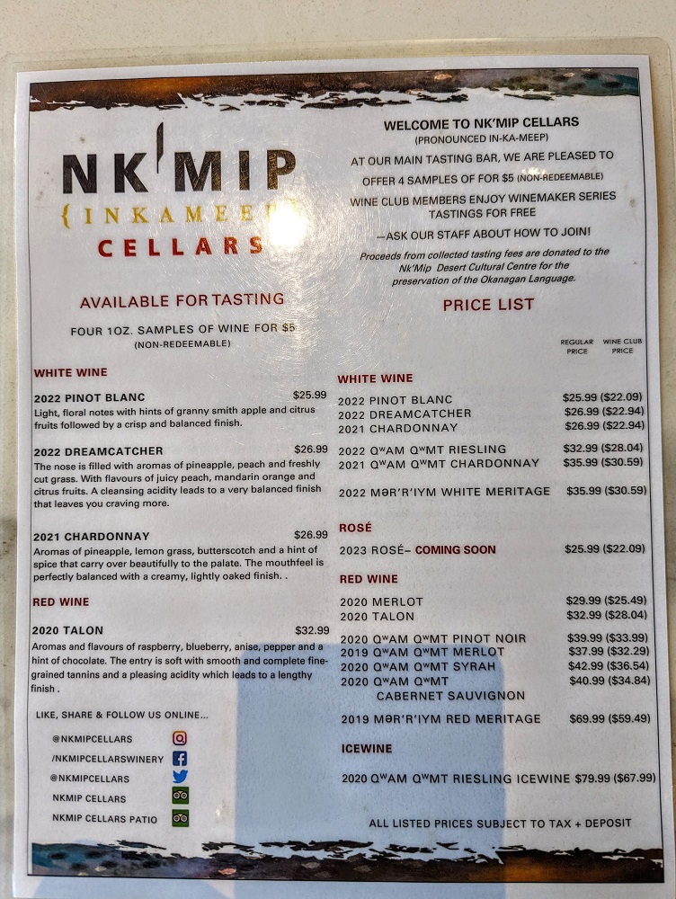 Spirit Ridge Resort in Osoyoos, Canada - NK'MIP Cellars wine menu