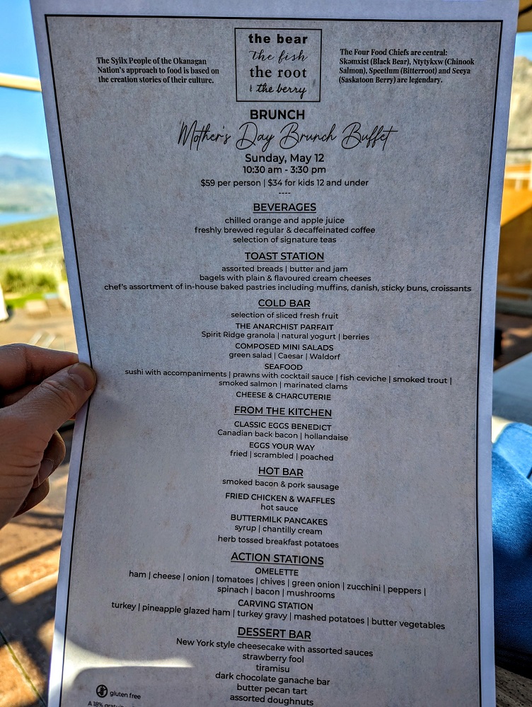 Spirit Ridge Resort in Osoyoos, Canada - The Bear, The Root, The Fish & The Berry - Mother's Day Brunch Buffet menu