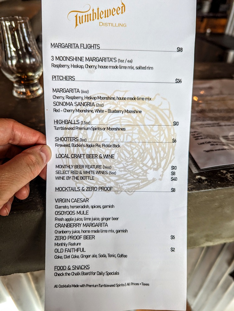 Tumbleweed Spirits cocktail menu
