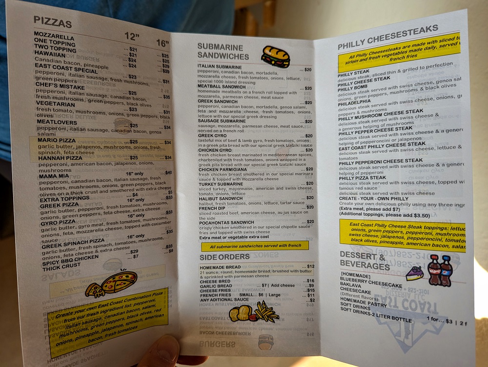 East Coast Pizzeria menu 1 in Utqiagvik, AK