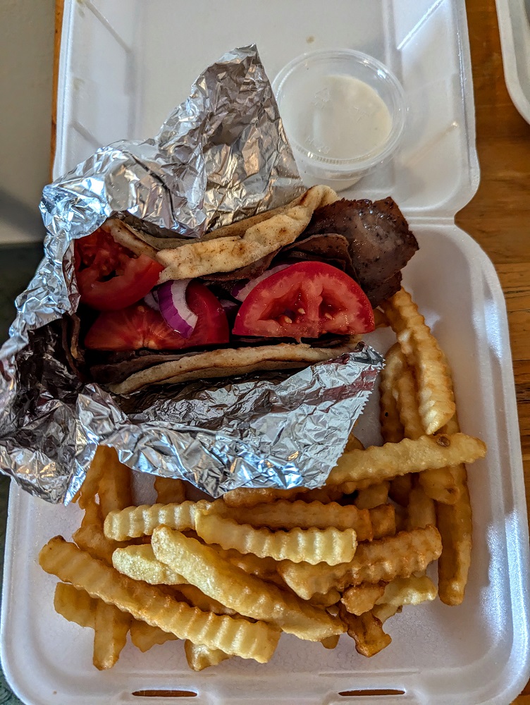 Greek gyro with fries from East Coast Pizzeria in Utqiagvik, AK