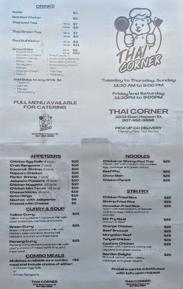 Thai Corner menu in Utqiagvik, AK