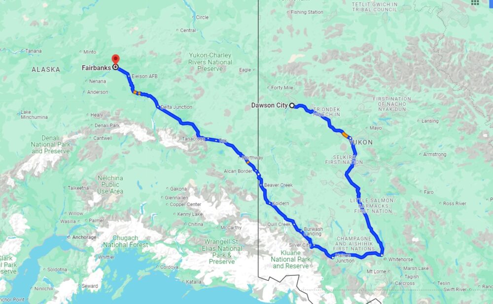 Dawson City to Fairbanks route in the winter