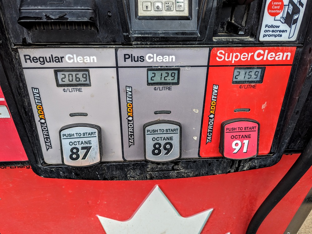 Gas prices in liters and Canadian dollars