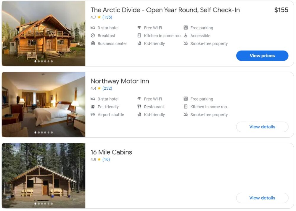 Just some of the Dease Lake accommodation options on Google Travel