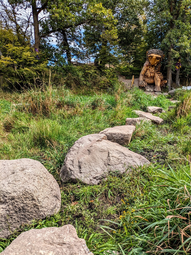 Thomas Dambo Detroit Lakes trolls - Stepping stone path to Barefoot Frida