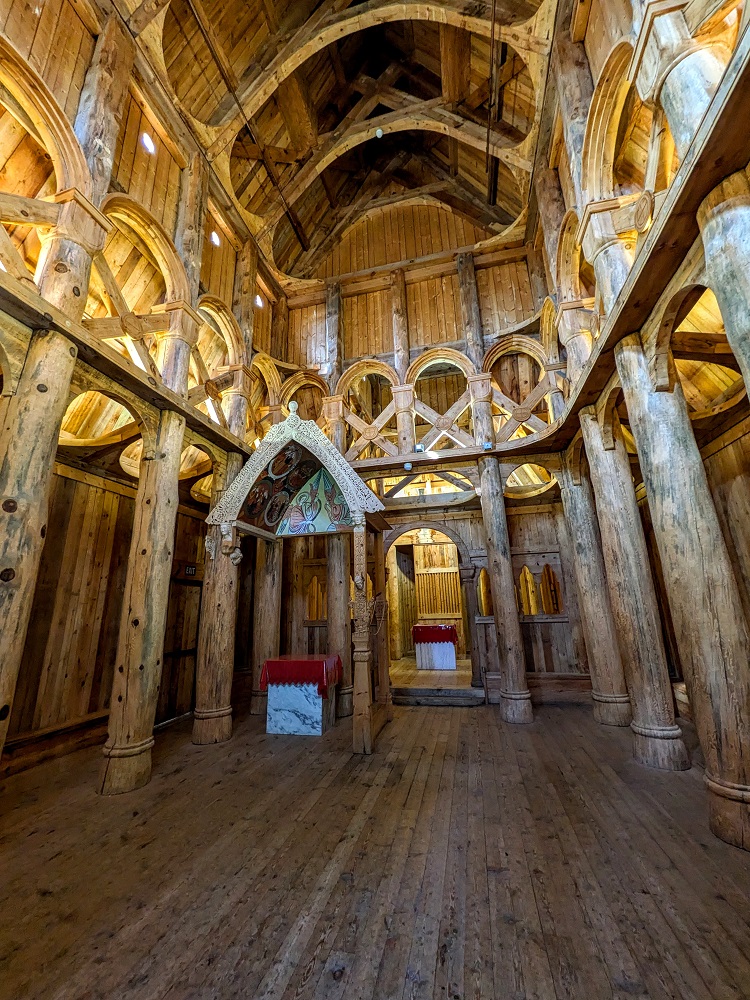 Inside the Hopperstad Stave Church in Moorhead, MN