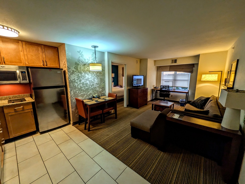 Living room and kitchen of our one bedroom suite at the Residence Inn Bismarck North, ND