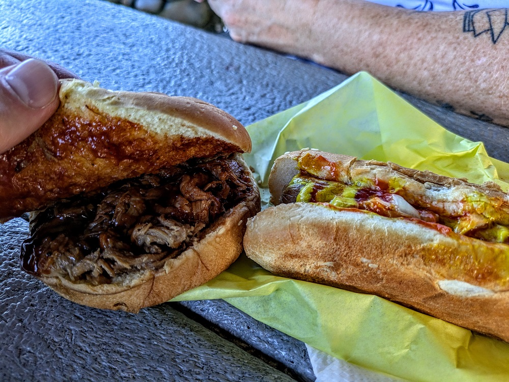 BBQ pork sandwich & hot dog from Halfway to Hana