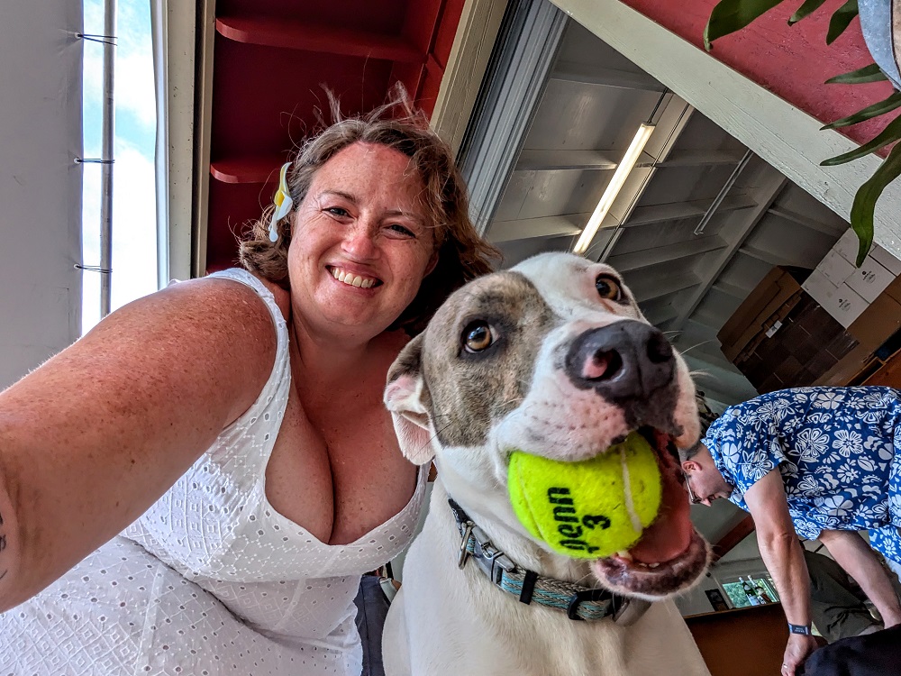 Hanalei Spirits Distillery - Shae petting one pup while I petted the other in the background