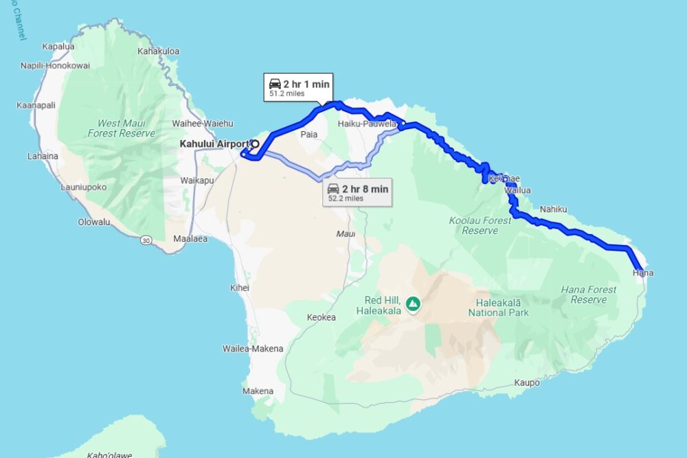 The route from Kahului Airport to the Hana-Maui Resort