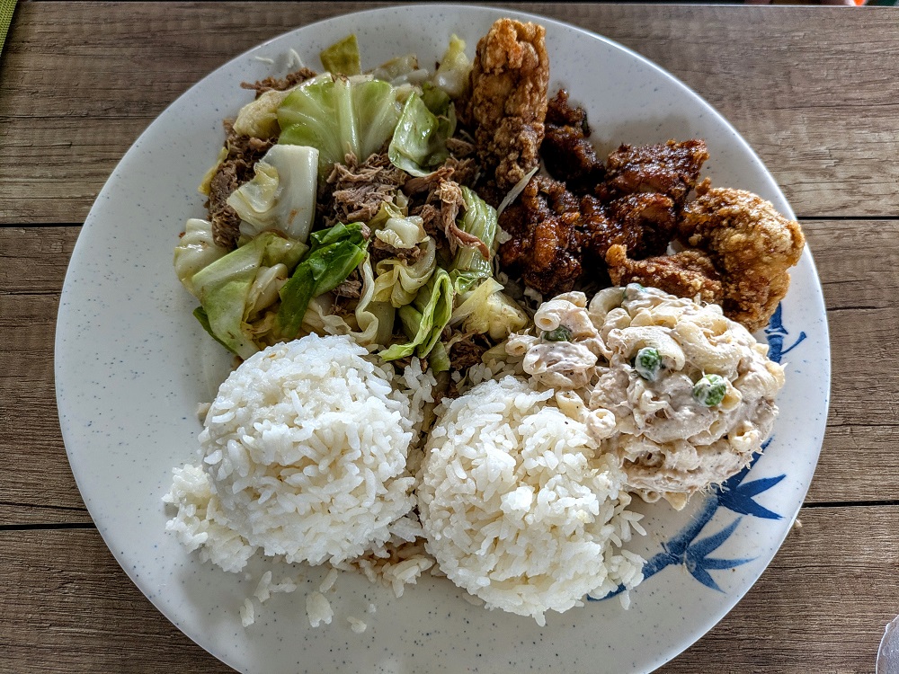 Kalua Cabbage and Boneless Korean Chicken at Hawaiian Style Cafe in Hilo, Hawaii