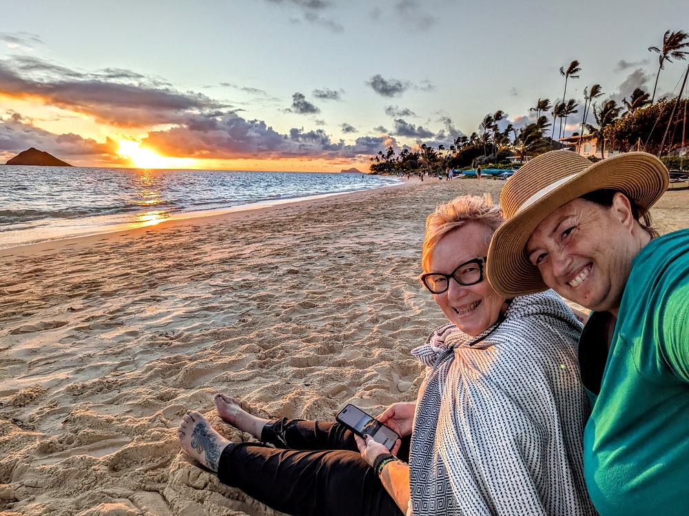 Shae and her mom at sunrise on Lanikai Beach