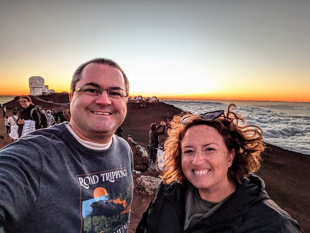 The two of us at sunset at the Haleakala summit in Haleakala National Park