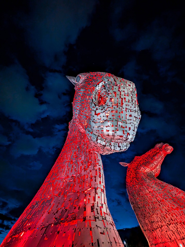 Close-up of The Kelpies at night