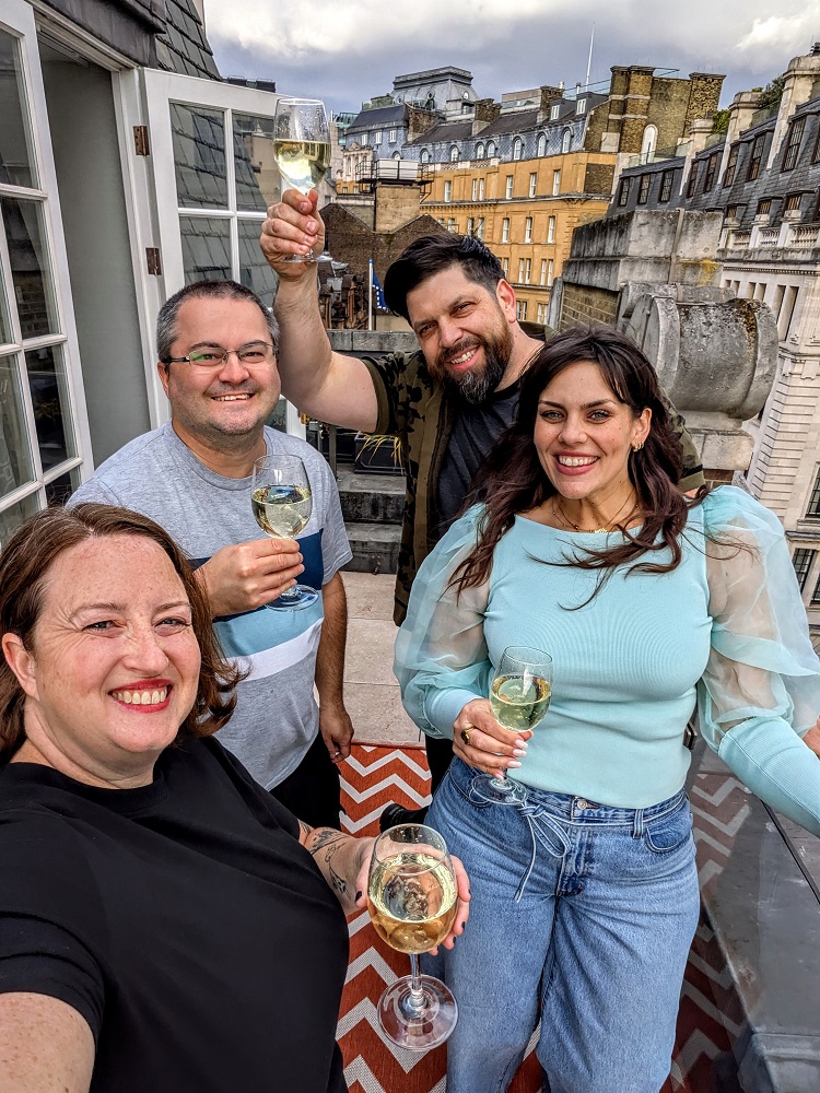 Drinks on our balcony at the Great Scotland Yard Hotel in London
