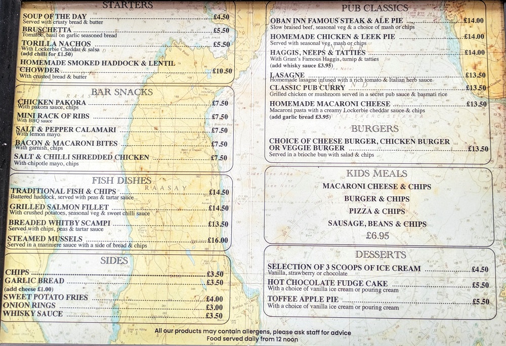 Food menu at The Oban Inn in Oban, Scotland