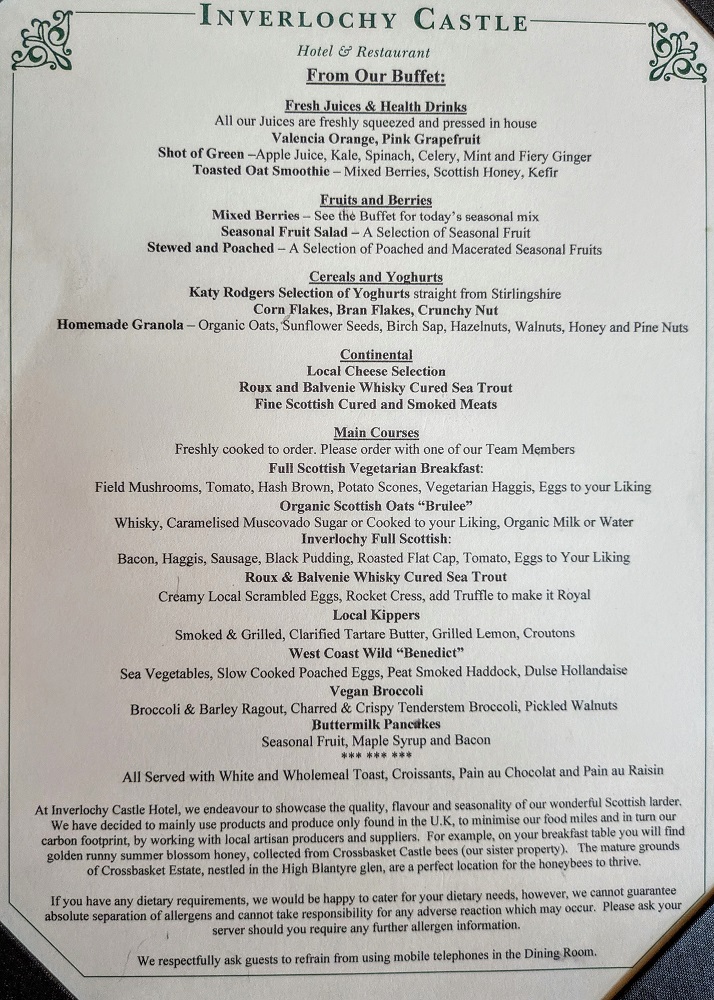 Inverlochy Castle Hotel - Breakfast menu