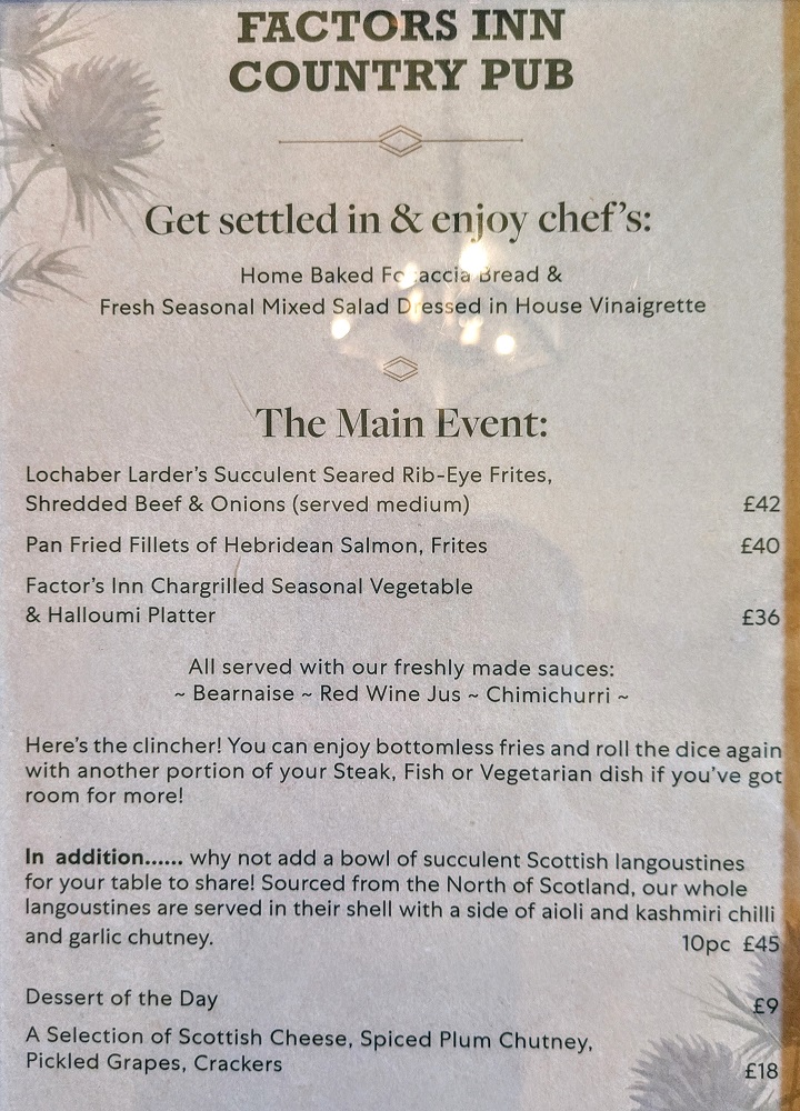 Inverlochy Castle Hotel - Factors Inn Country Pub menu