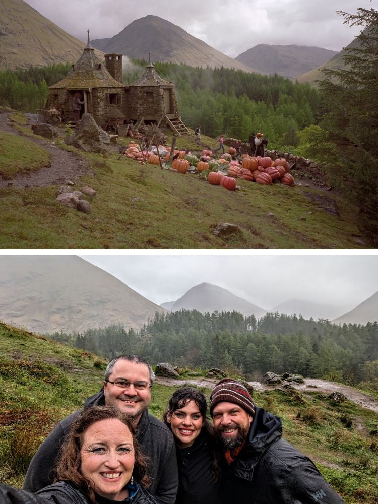 Above a screenshot of Hagrid’s Hut in Prisoner of Azkaban Below the four of us at the filming site