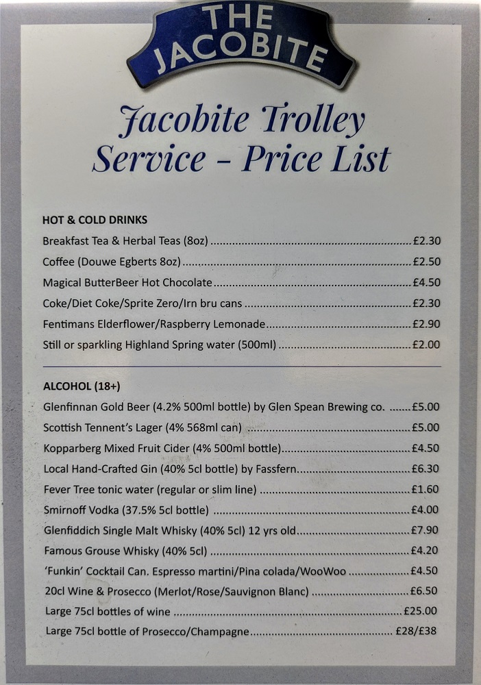 Jacobite steam train drinks menu