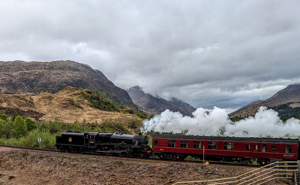 Jacobite steam train locomotive reversed