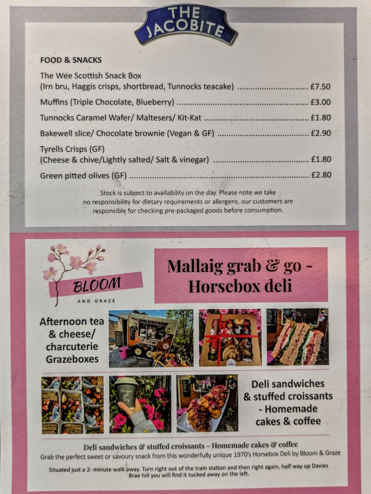 Jacobite steam train snack menu