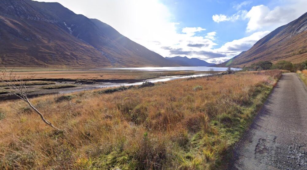 Screenshot of the northern side of Loch Etive from Google Street View