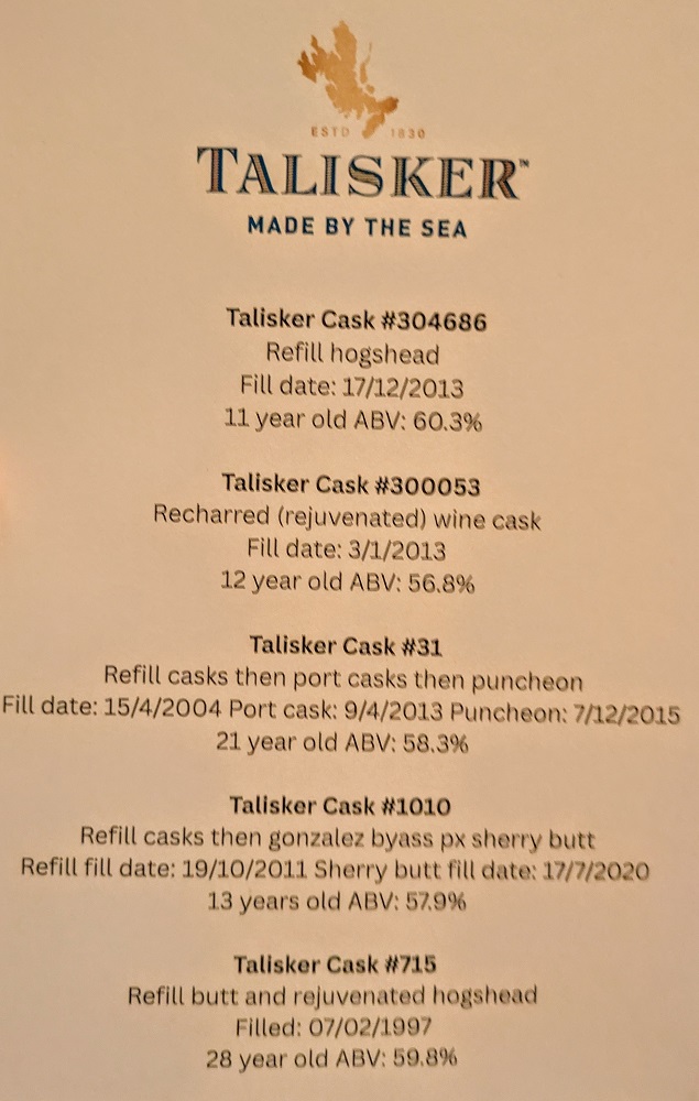 Talisker Cask Draw & Tasting Experience - Sheet showing the whiskies we tried
