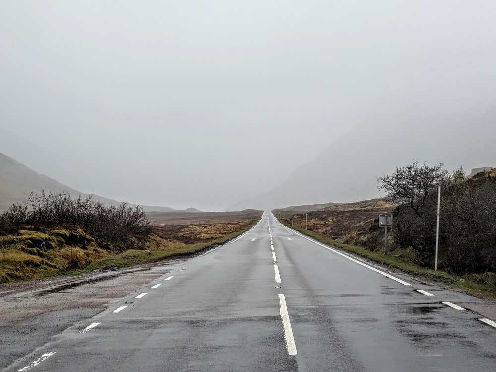 The road through Glen Coe on a rainy day