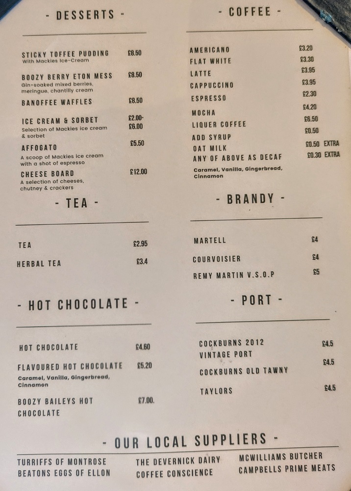 The Cock & Bull in Aberdeen - Dessert & drinks menu