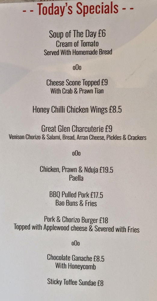 The Cock & Bull in Aberdeen - Specials menu