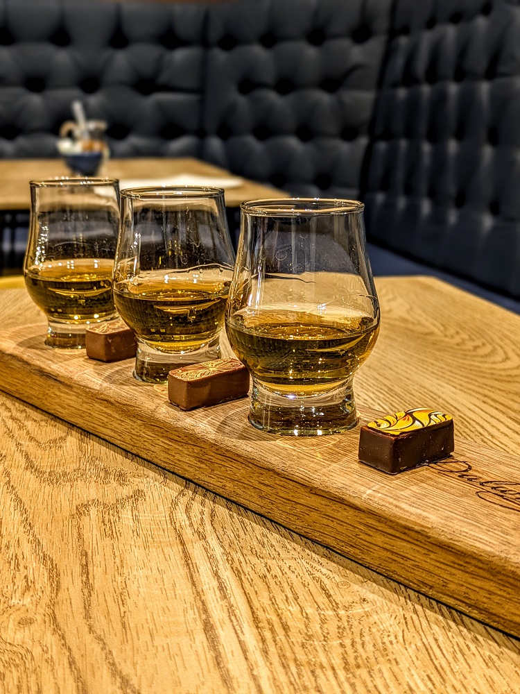 Whiskey flight at Dalwhinnie Distillery in Scotland