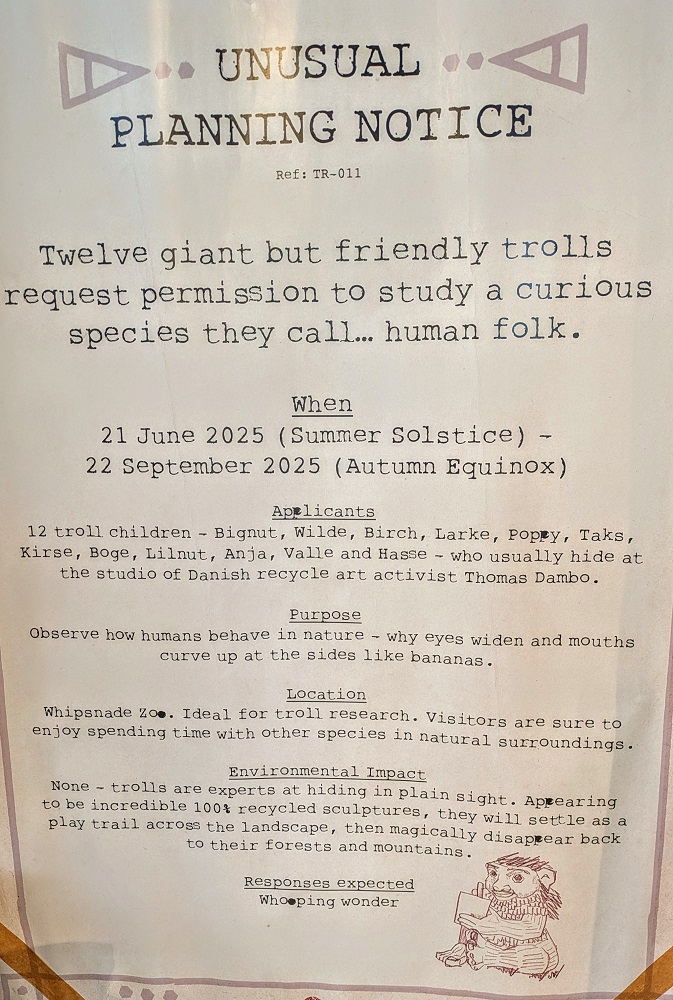 Background of Thomas Dambo's Trolls A Field Study exhibit at Whipsnade Zoo